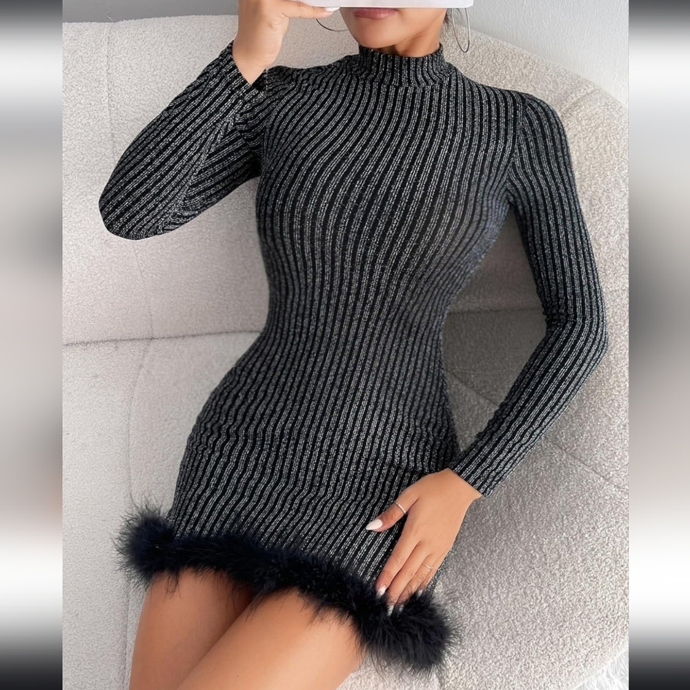 Black Long Sleeve Ribbed Knit Dress Bodycon Winter Party Dress Size Small